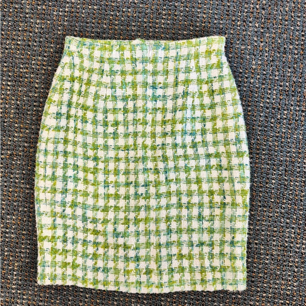 Jones‎ New York Green Plaid Tweed Mini Skirt Size 4 Cotton Linen Blend - Picture 2 of 8